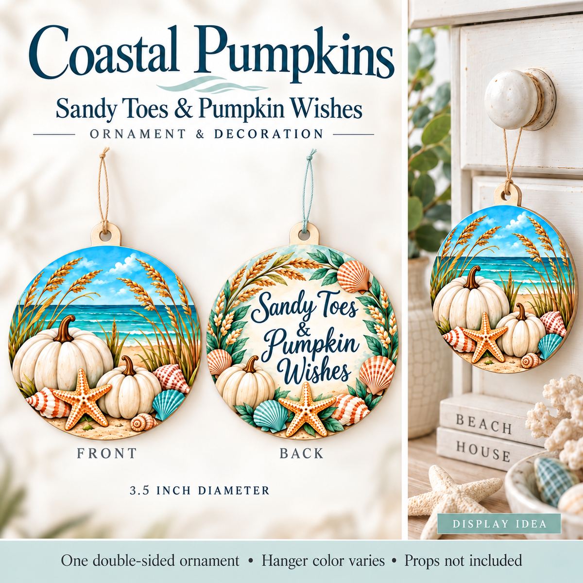 Coastal Pumpkins – Sandy Toes & Pumpkin Wishes Ornament & Decoration front and back with thin thread hangers and cabinet-knob display example