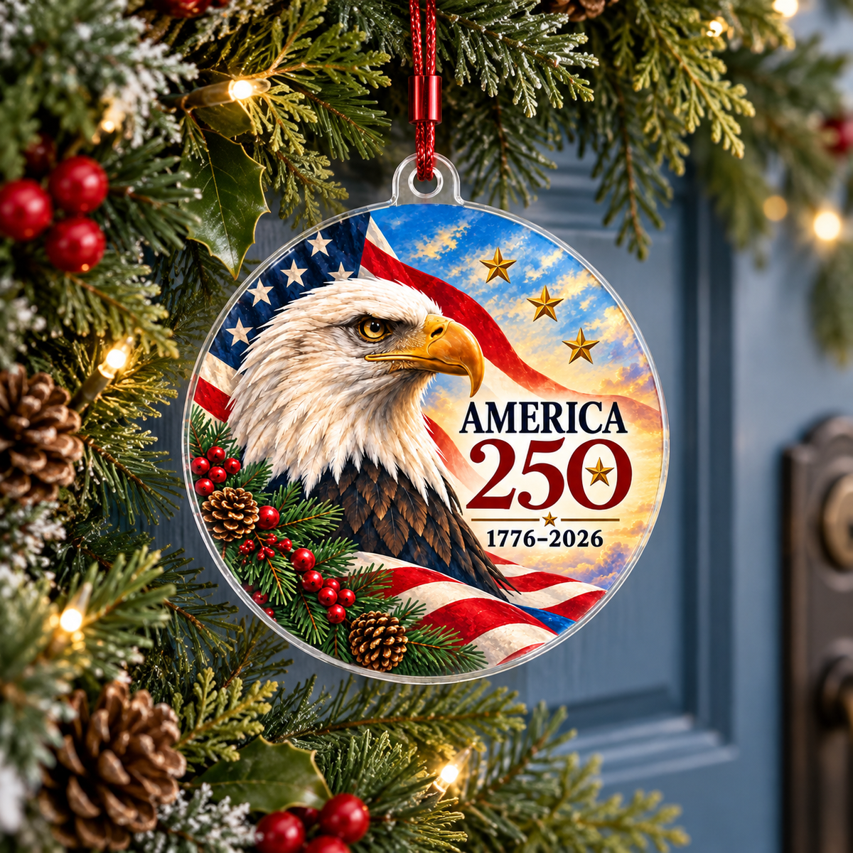 America 250 bald eagle ornament displayed in a holiday wreath