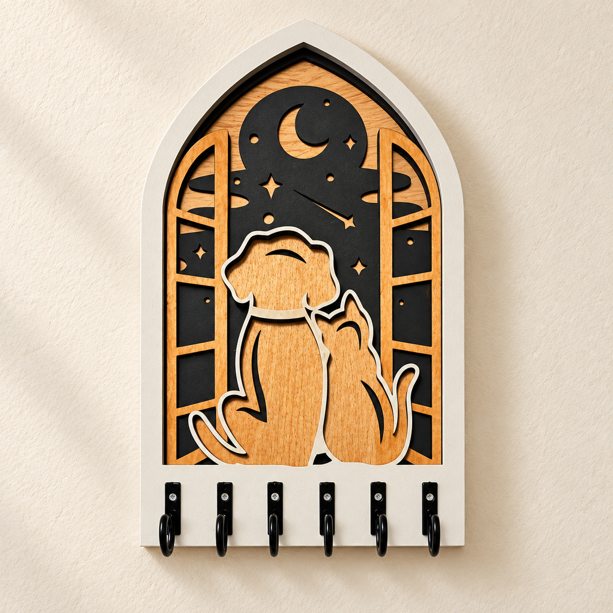 Dog & Cat Under the Stars key rack — complete sweeping pointed top and six black hooks