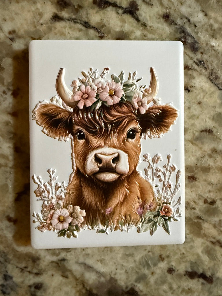 Highland Cow with Pink Wildflowers — Premium Ceramic Magnet