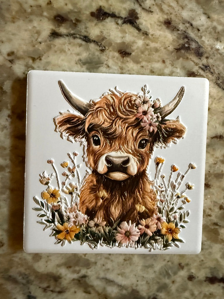 Highland Cow in a Wildflower Garden — Premium Ceramic Magnet