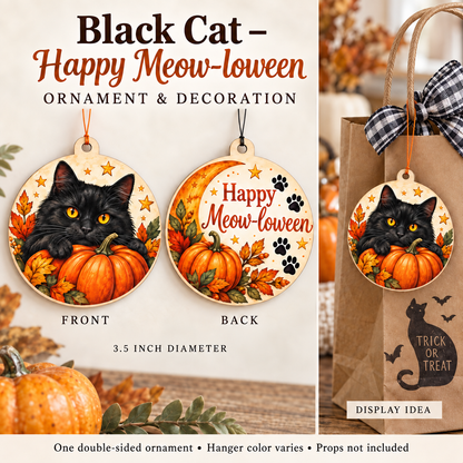Black Cat – Happy Meow-loween Ornament & Decoration front and back with thin thread hangers and gift-bag display example