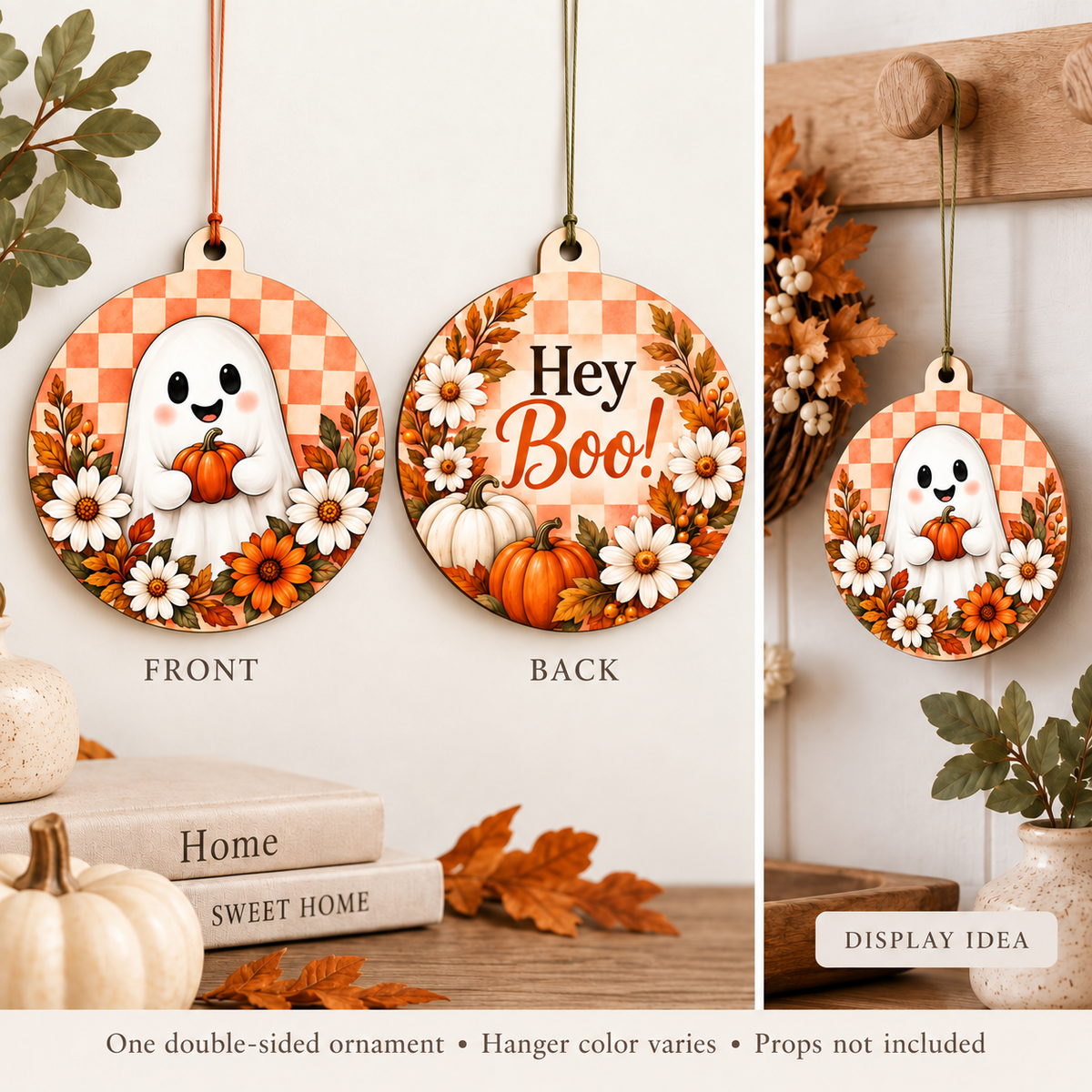 Friendly Ghost – Hey Boo! Ornament & Decoration front and back with thin thread hangers and peg-rail display example