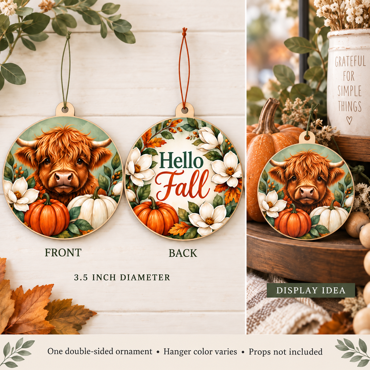 Highland Cow – Hello Fall Ornament & Decoration front and back with thin thread hangers and tiered-tray display example