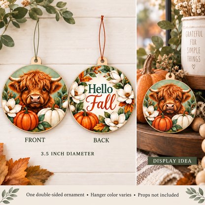 Highland Cow – Hello Fall Ornament & Decoration front and back with thin thread hangers and tiered-tray display example