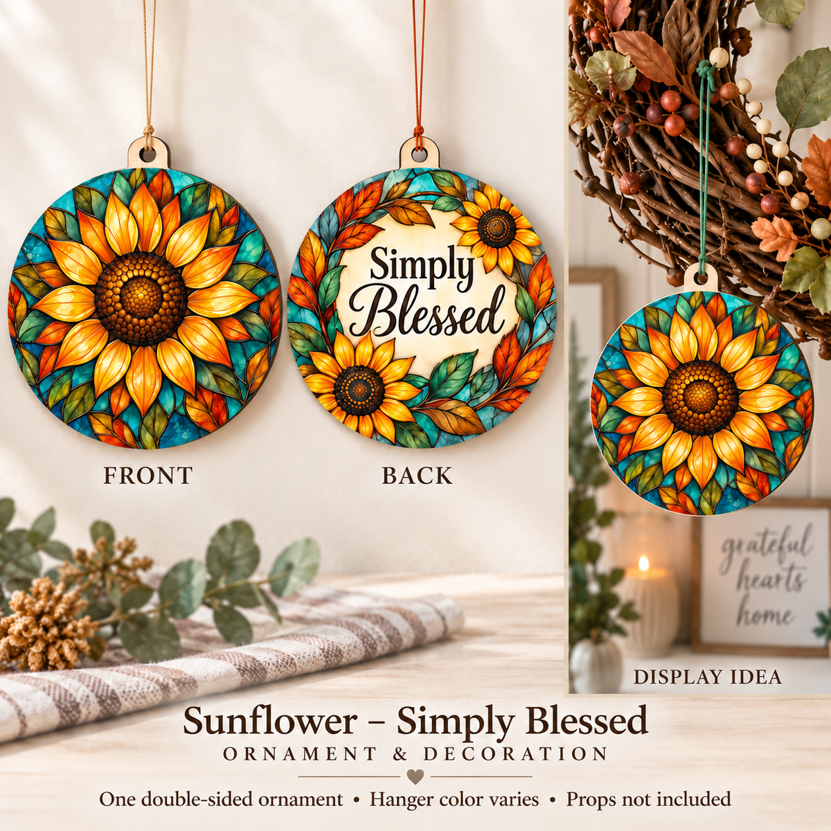 Sunflower – Simply Blessed Ornament & Decoration front and back with thin thread hangers and indoor wreath display example