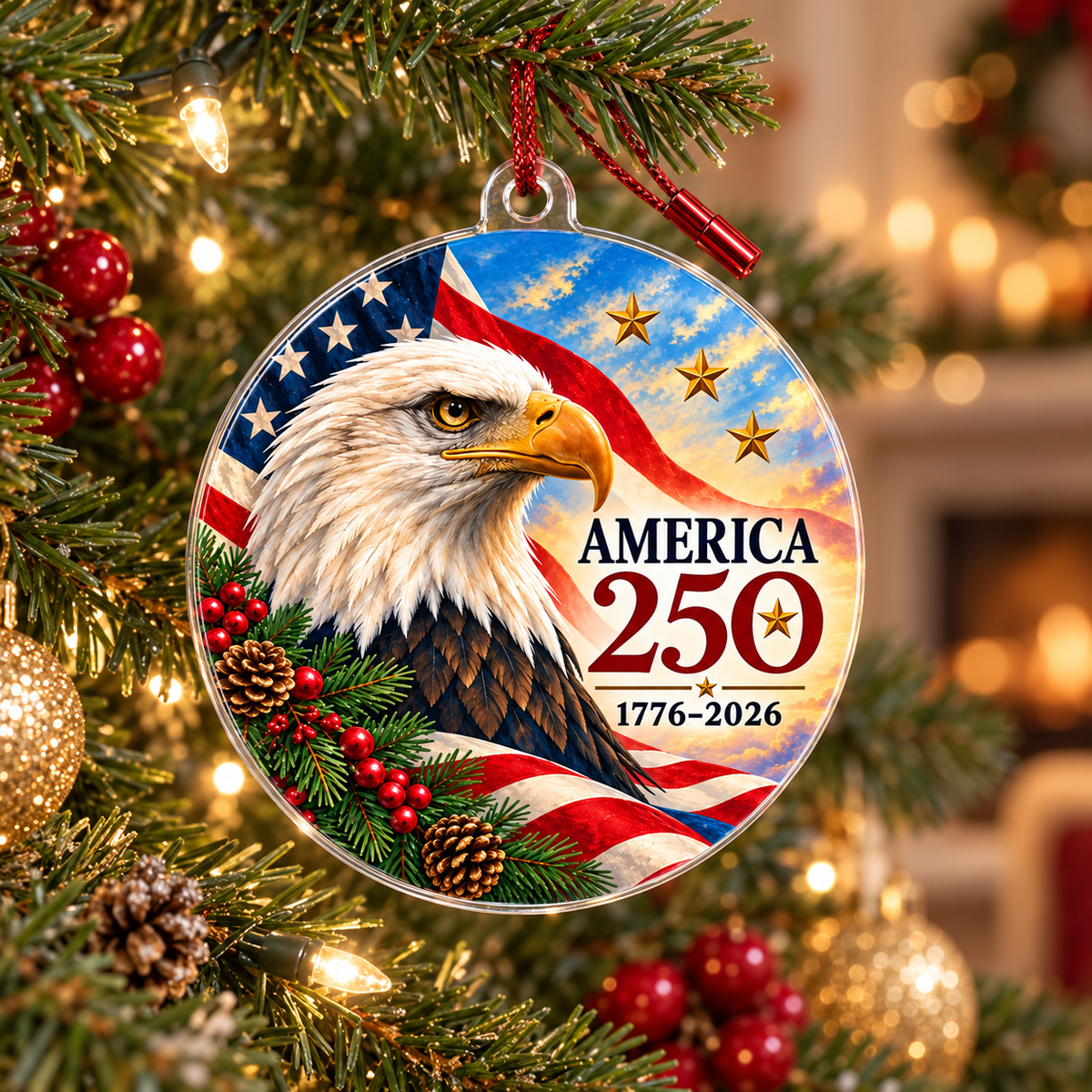 America 250 bald eagle ornament hanging on a Christmas tree