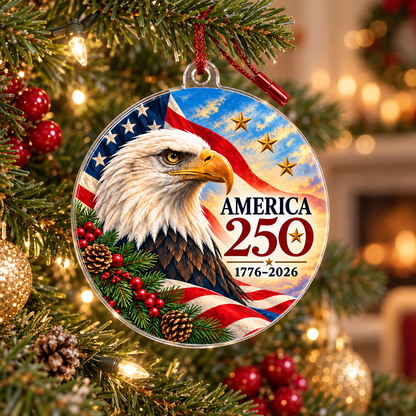 America 250 bald eagle ornament hanging on a Christmas tree