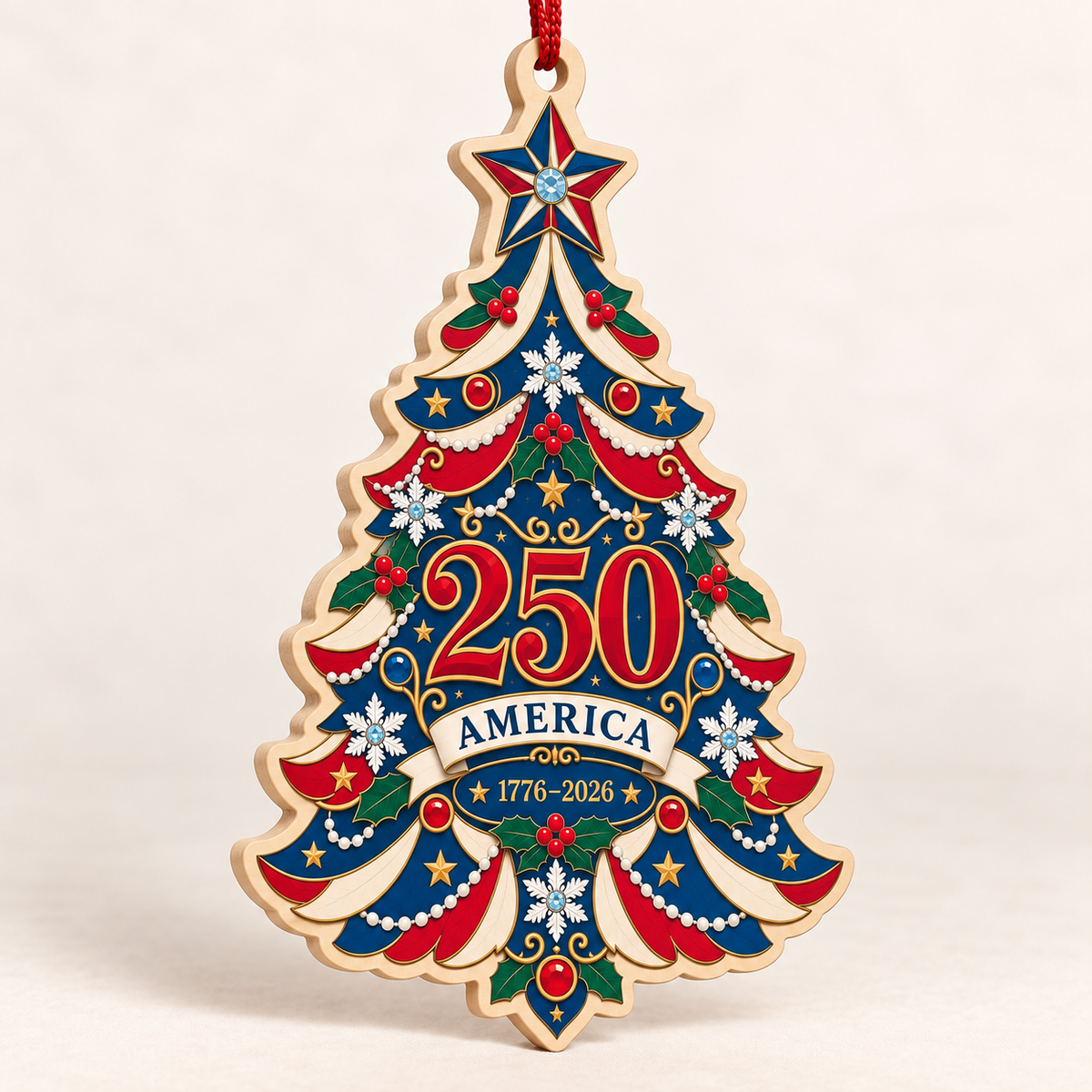 America 250 Christmas tree ornament flat UV printed on 1/8-inch birch, catalog product photo