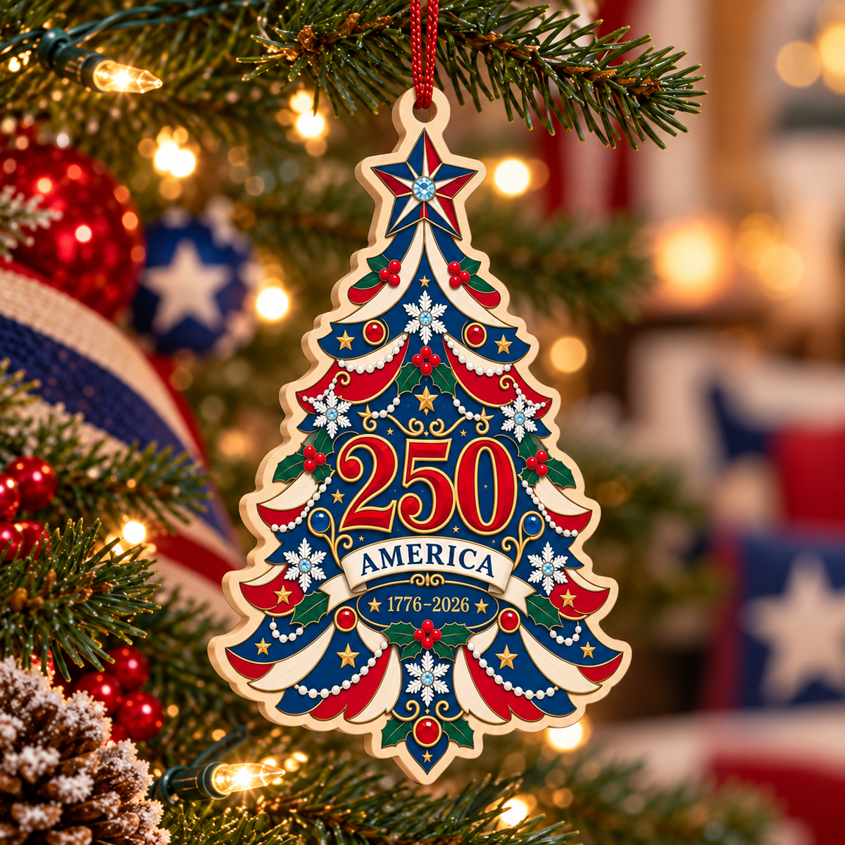 Flat UV-printed America 250 birch ornament hanging on a Christmas tree