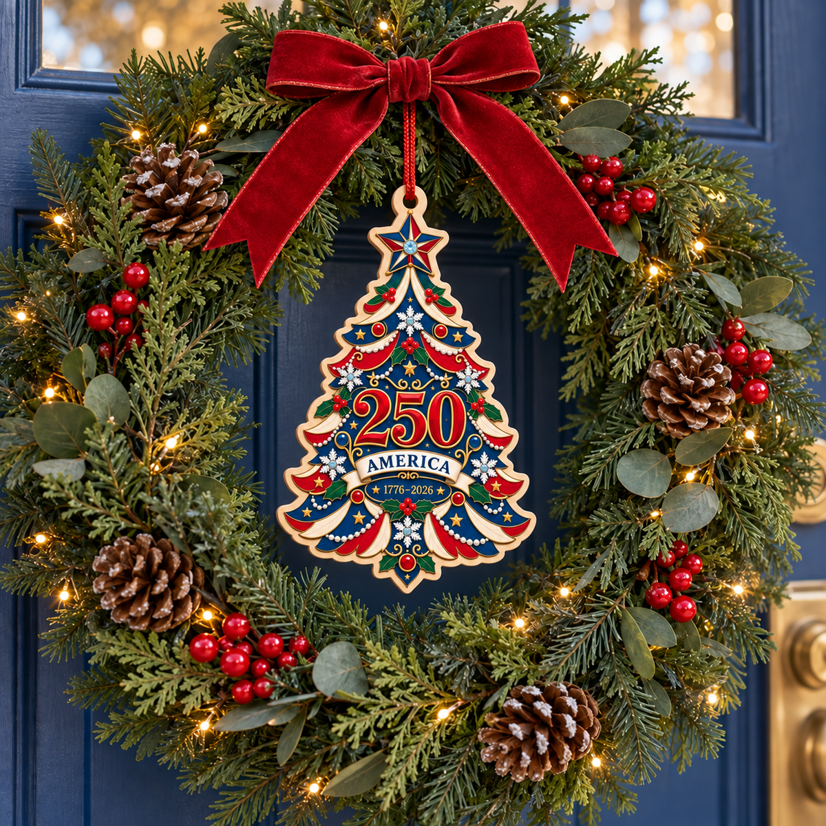 Flat UV-printed America 250 birch ornament hanging in a holiday wreath