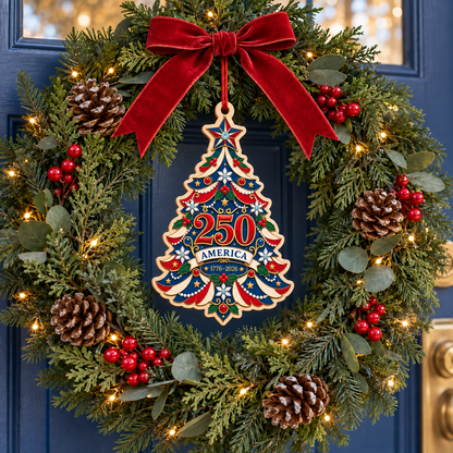 Flat UV-printed America 250 birch ornament hanging in a holiday wreath