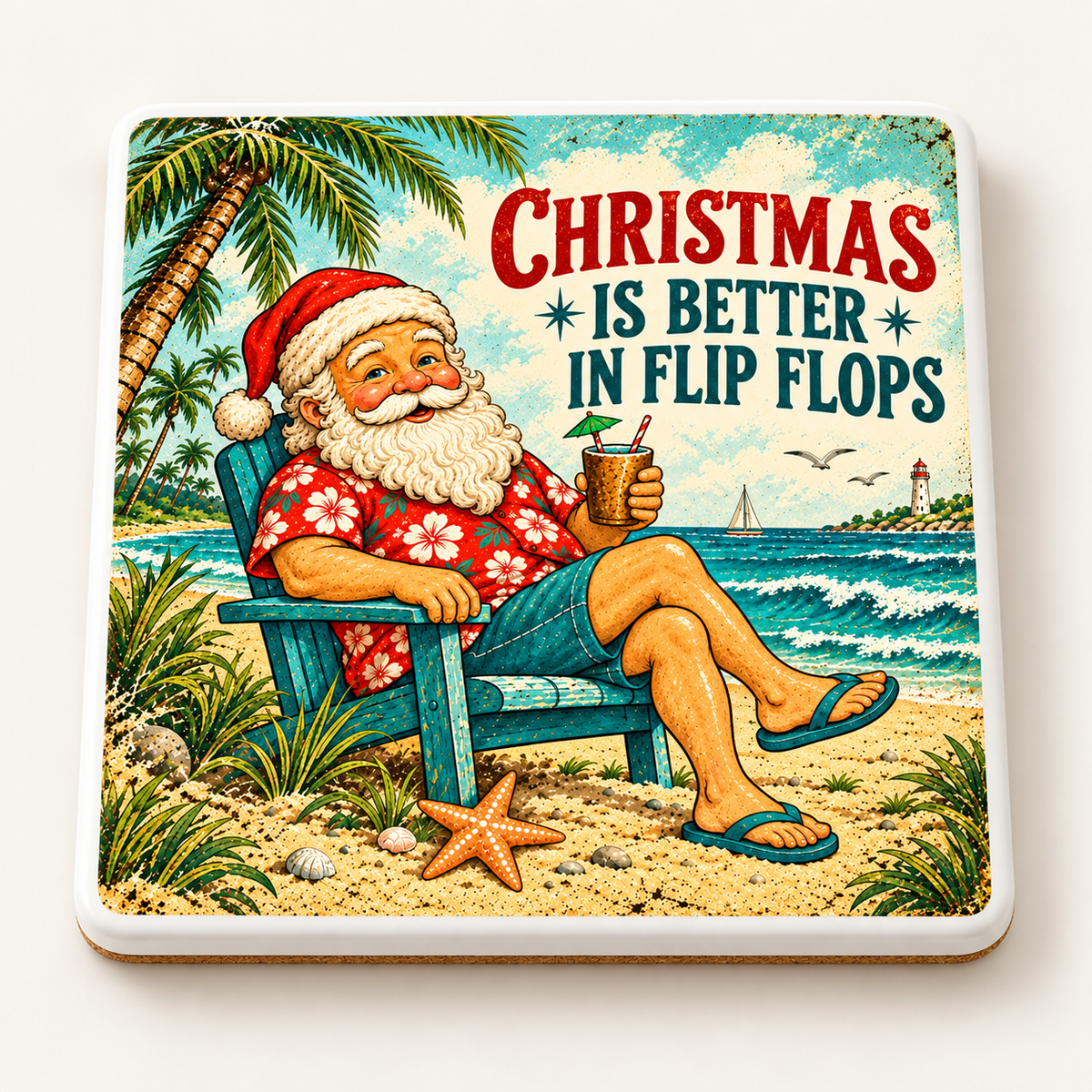 Christmas Is Better in Flip Flops — ceramic coaster product mockup