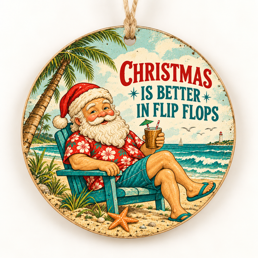 Christmas Is Better in Flip Flops — 3.5-inch birch ornament with light twine hanger; product mockup