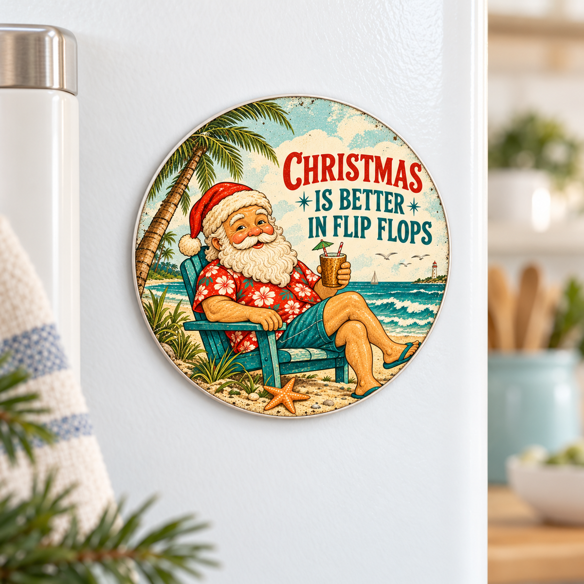 Christmas Is Better in Flip Flops — 2⅝-inch round magnet styled display mockup