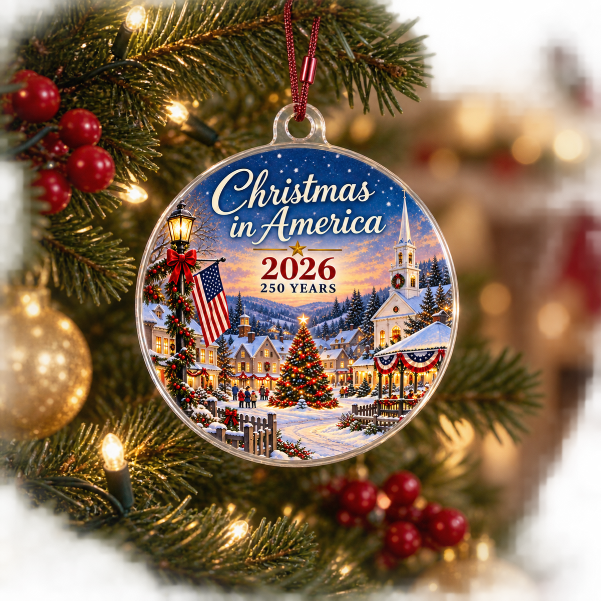 Christmas in America 2026 ornament hanging on a Christmas tree