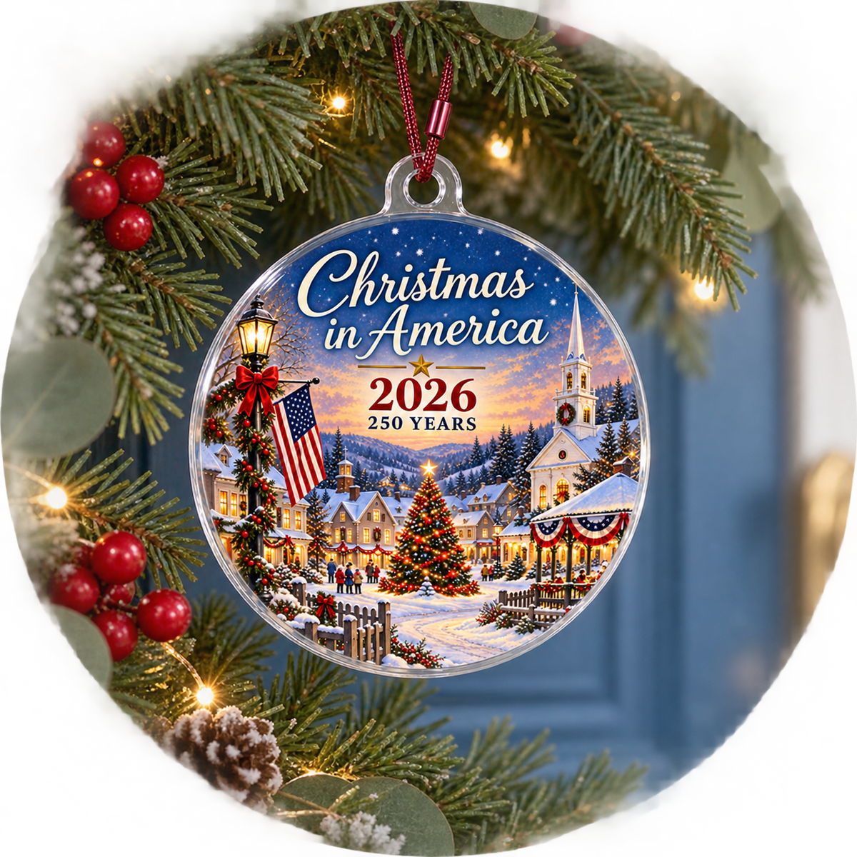 Christmas in America 2026 ornament displayed in a holiday wreath