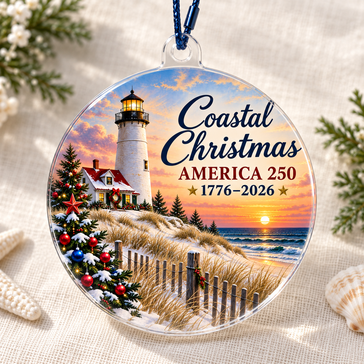 Coastal Christmas America 250 clear acrylic ornament on ivory linen