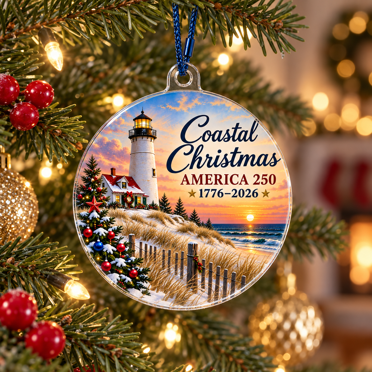 Coastal Christmas America 250 ornament hanging on a Christmas tree
