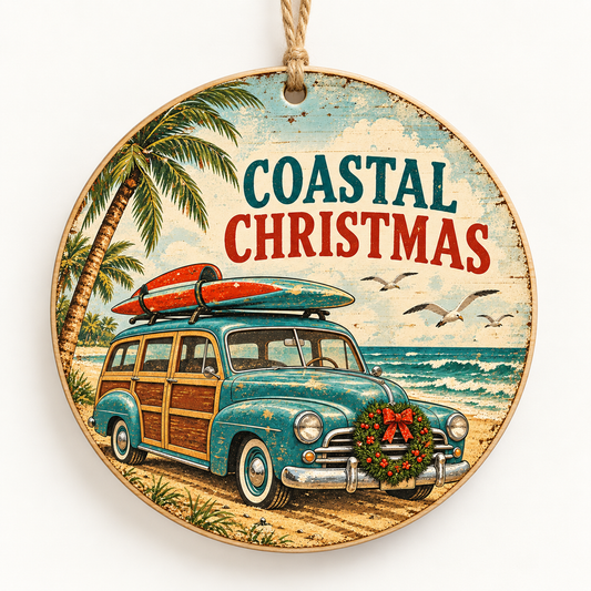 Coastal Christmas — 3.5-inch birch ornament with light twine hanger; product mockup