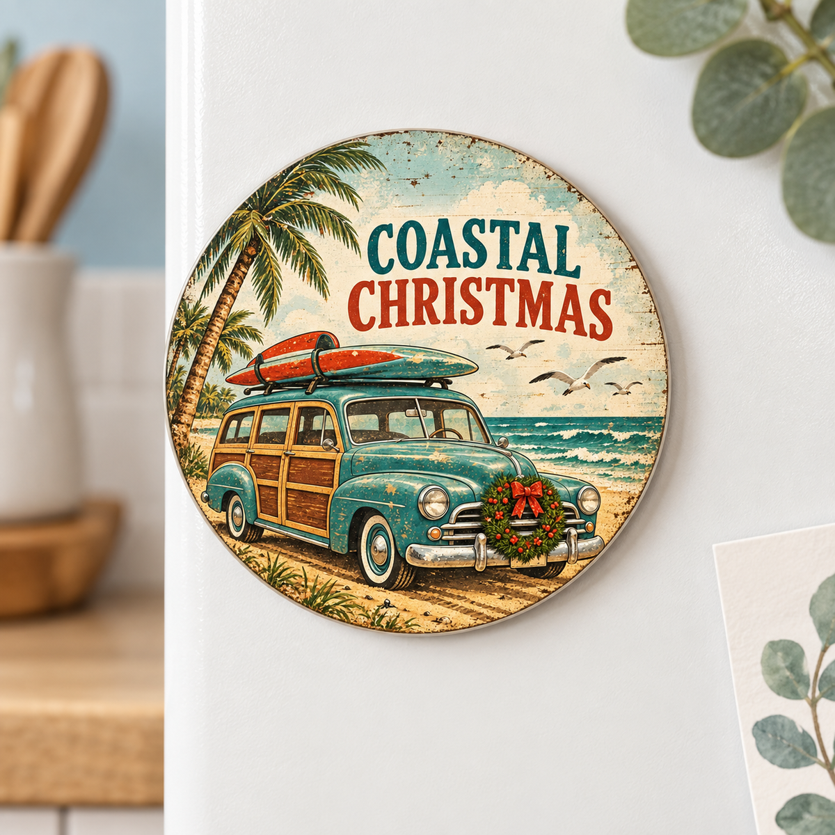 Coastal Christmas — 2⅝-inch round magnet styled display mockup