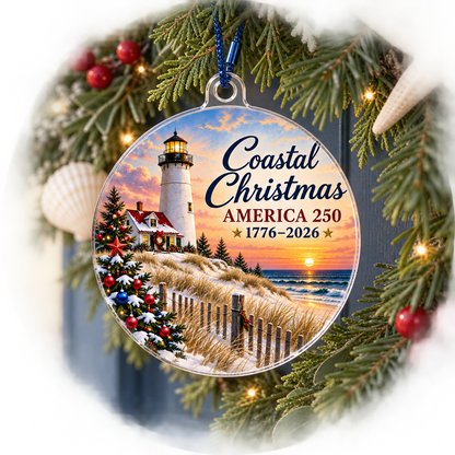 Coastal Christmas America 250 ornament displayed in a holiday wreath