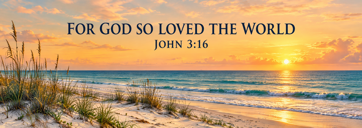 Exact coastal John 3:16 print artwork — 15.5 × 5.5 inch design with sunset, sea oats and Scripture
