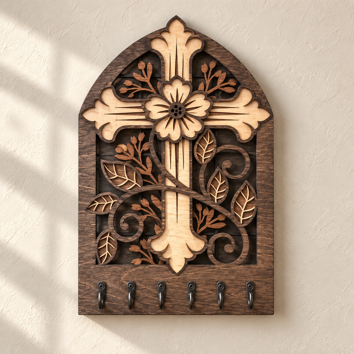 Floral cross layered natural birch wooden key rack with six hooks