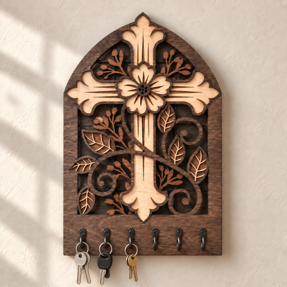 Floral cross wooden key rack shown holding several sets of keys