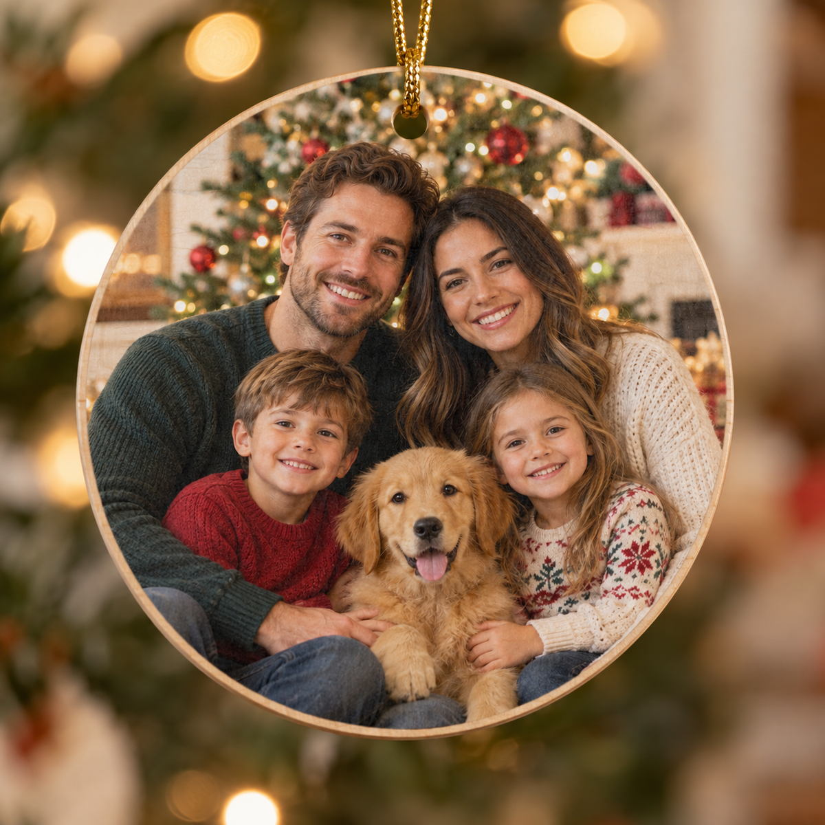 Example custom family and puppy Christmas photo on a 3½-inch birch ornament