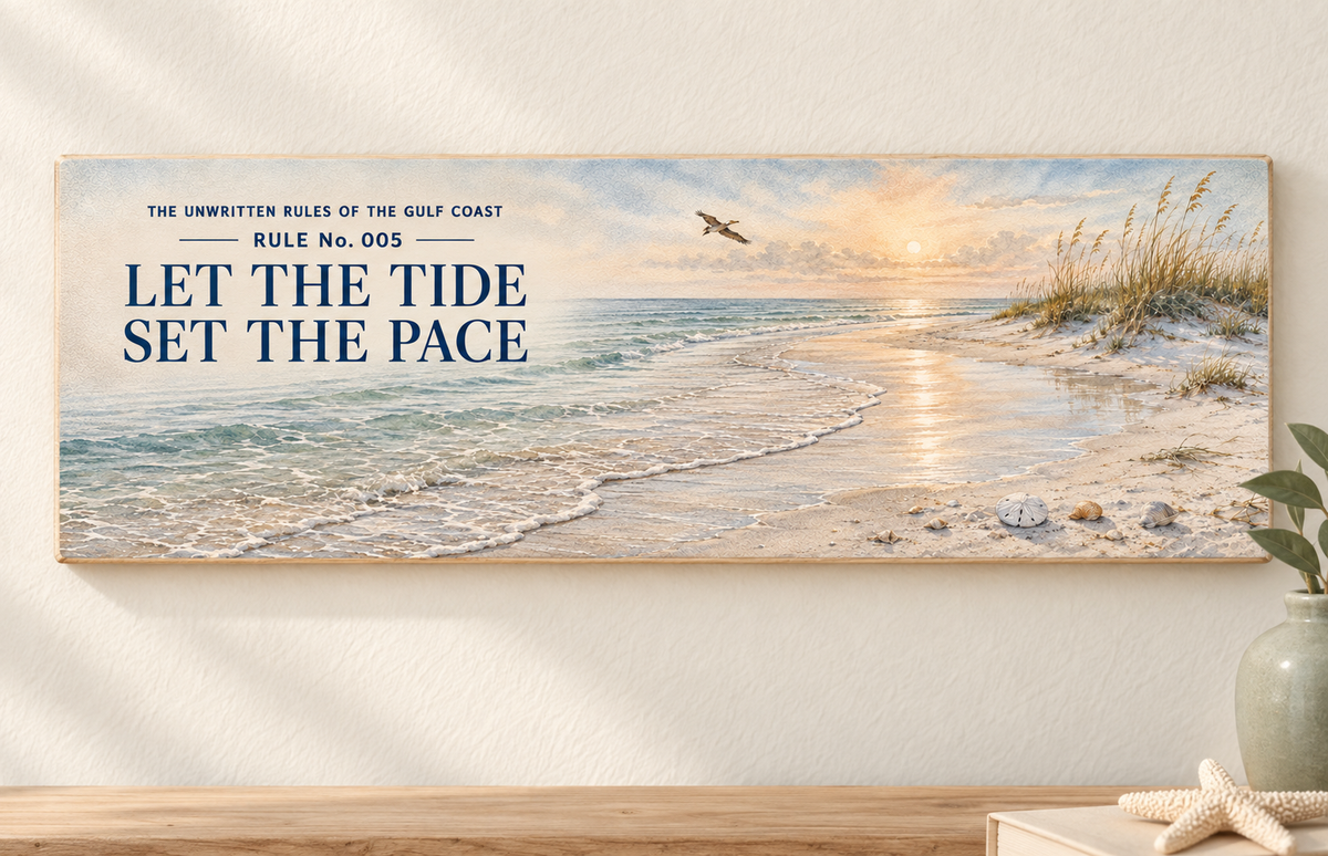 Unwritten Rules of the Gulf Coast Rule 5 wall sign shown at its true 15.5 by 5.5 inch scale