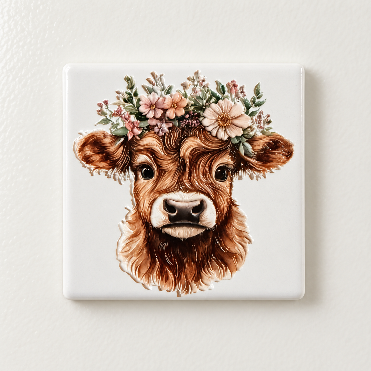 Highland Calf with Floral Crown — Premium Ceramic Magnet — full product photograph