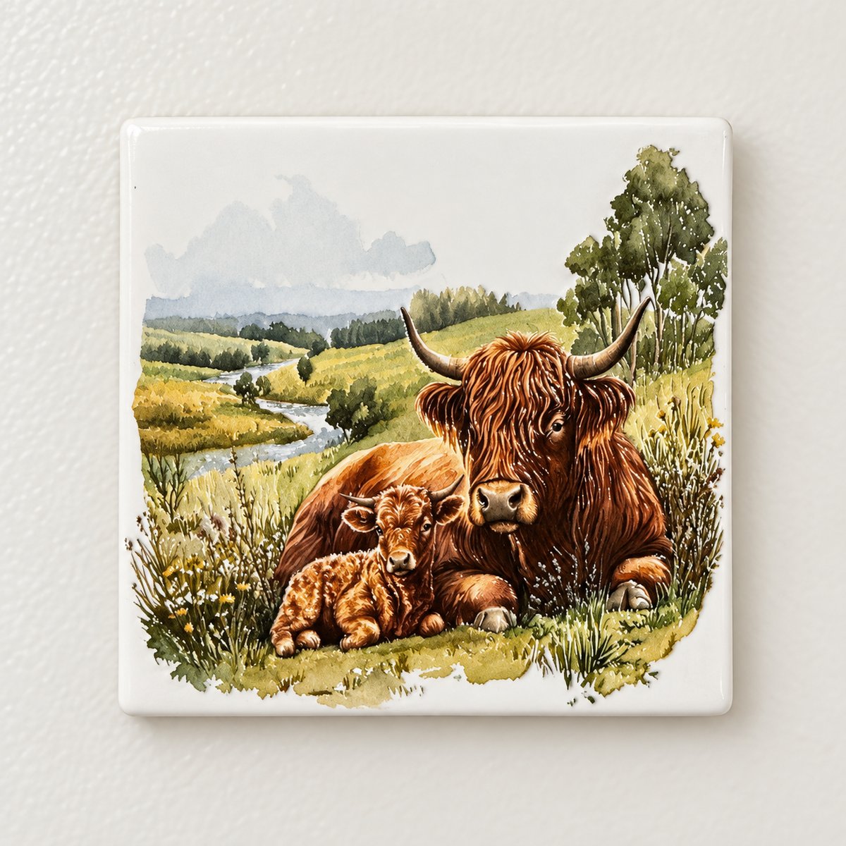 Highland Cow and Calf in the Meadow — Premium Ceramic Magnet — full product photograph