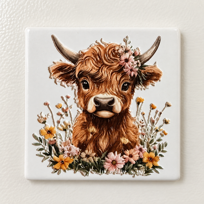 Highland Cow in a Wildflower Garden — Premium Ceramic Magnet — full product photograph