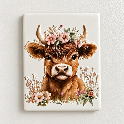 Highland Cow with Pink Wildflowers — Premium Ceramic Magnet — full product photograph
