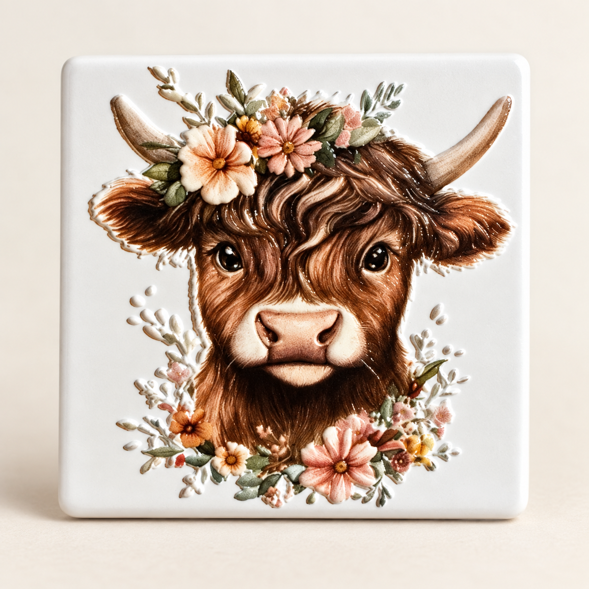 Highland Cow with Peach Blossoms — Premium Ceramic Magnet product photo