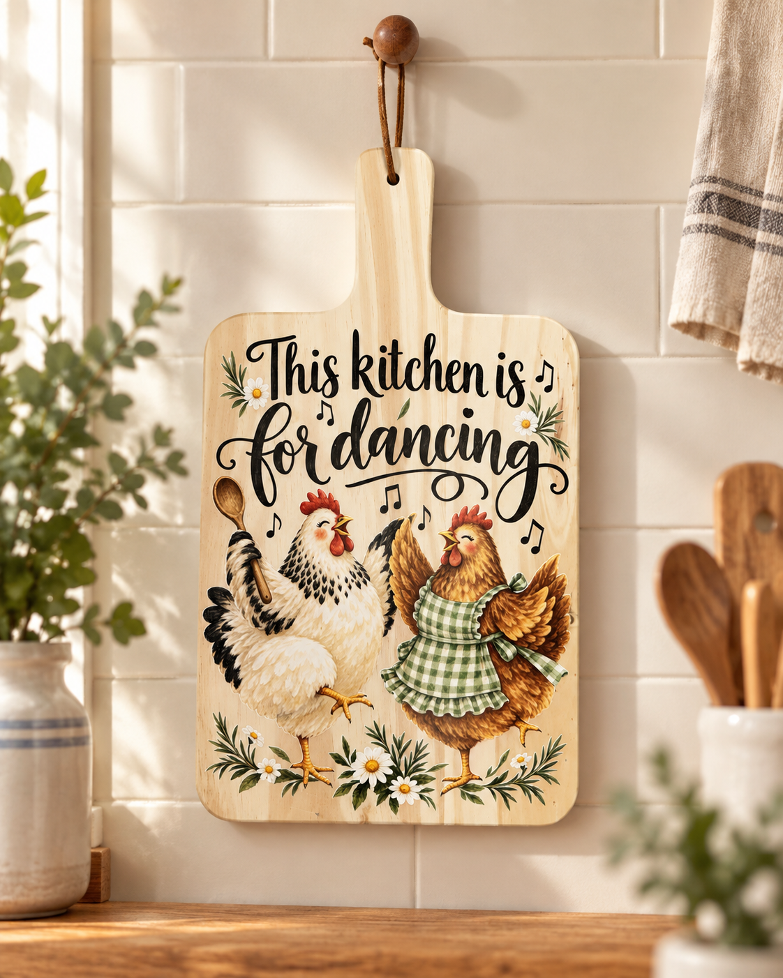This Kitchen Is for Dancing paddle board displayed in a farmhouse kitchen