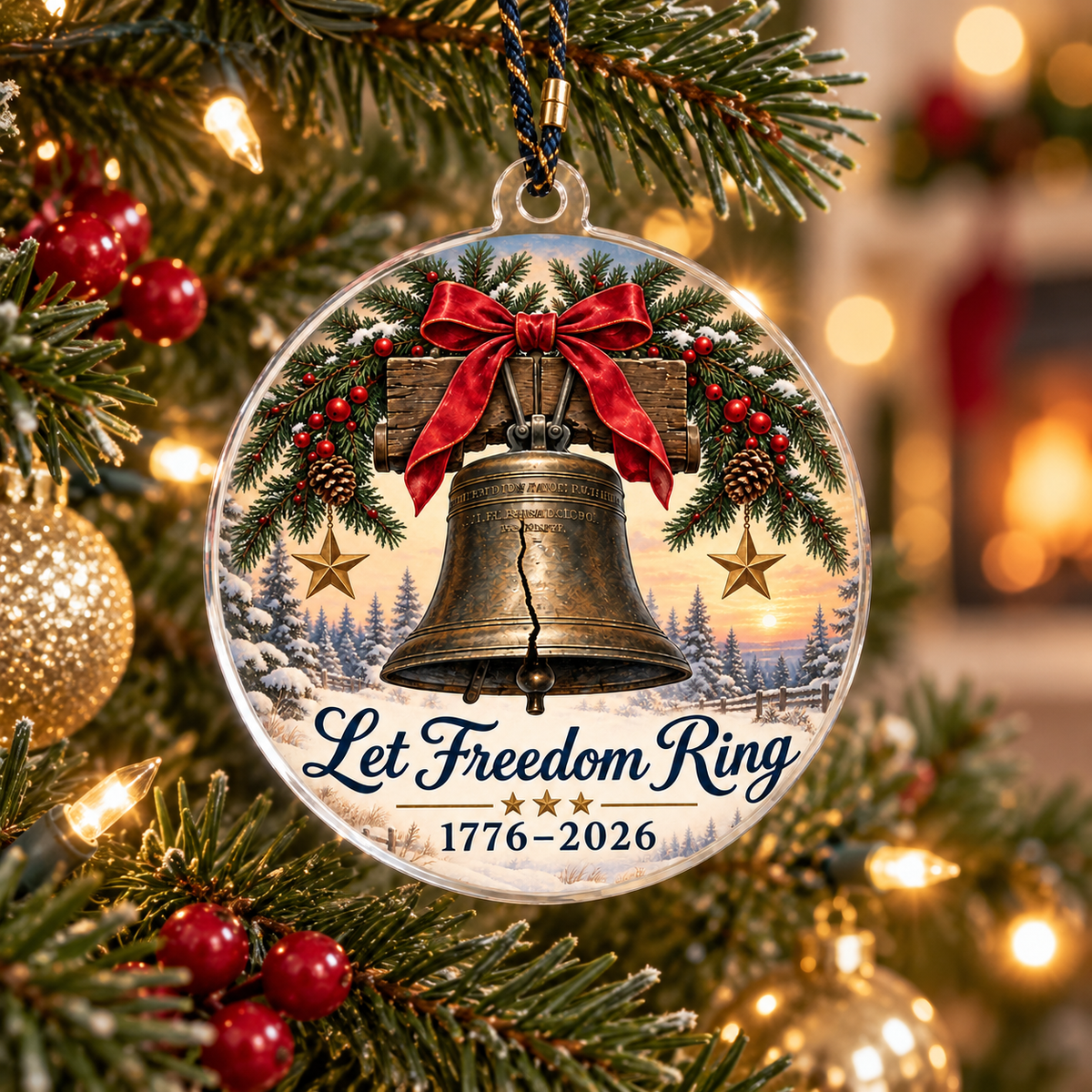 Let Freedom Ring ornament hanging on a Christmas tree