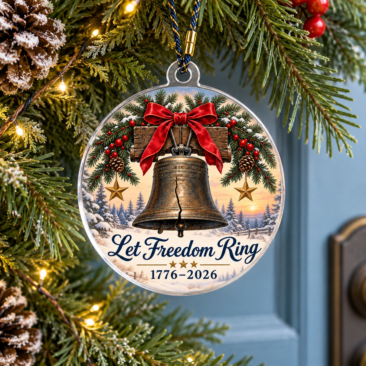 Let Freedom Ring ornament displayed in a holiday wreath