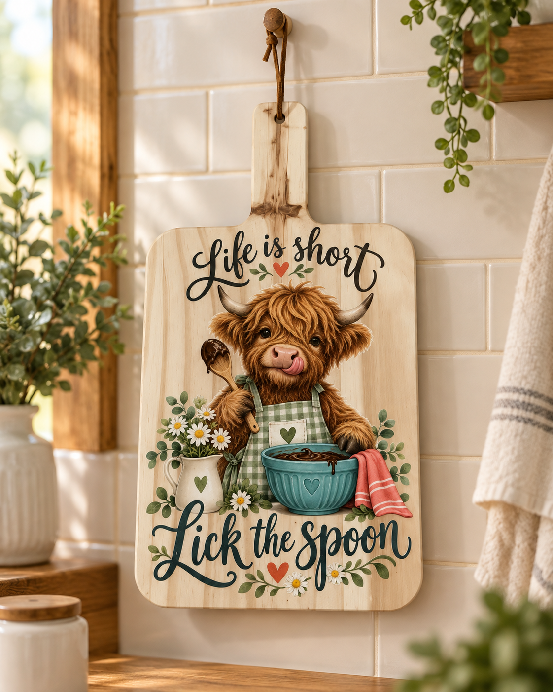 Life Is Short Lick the Spoon Highland cow paddle board displayed in a kitchen