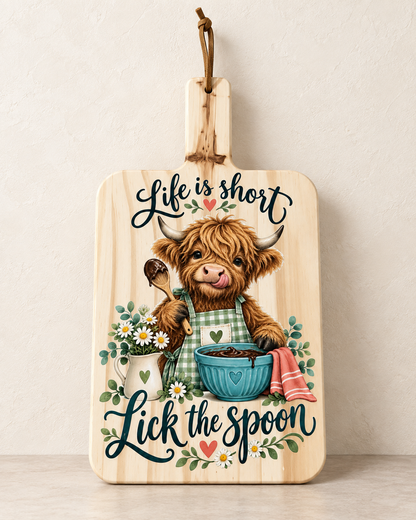 Life Is Short Lick the Spoon Highland cow decorative pine paddle board product photo