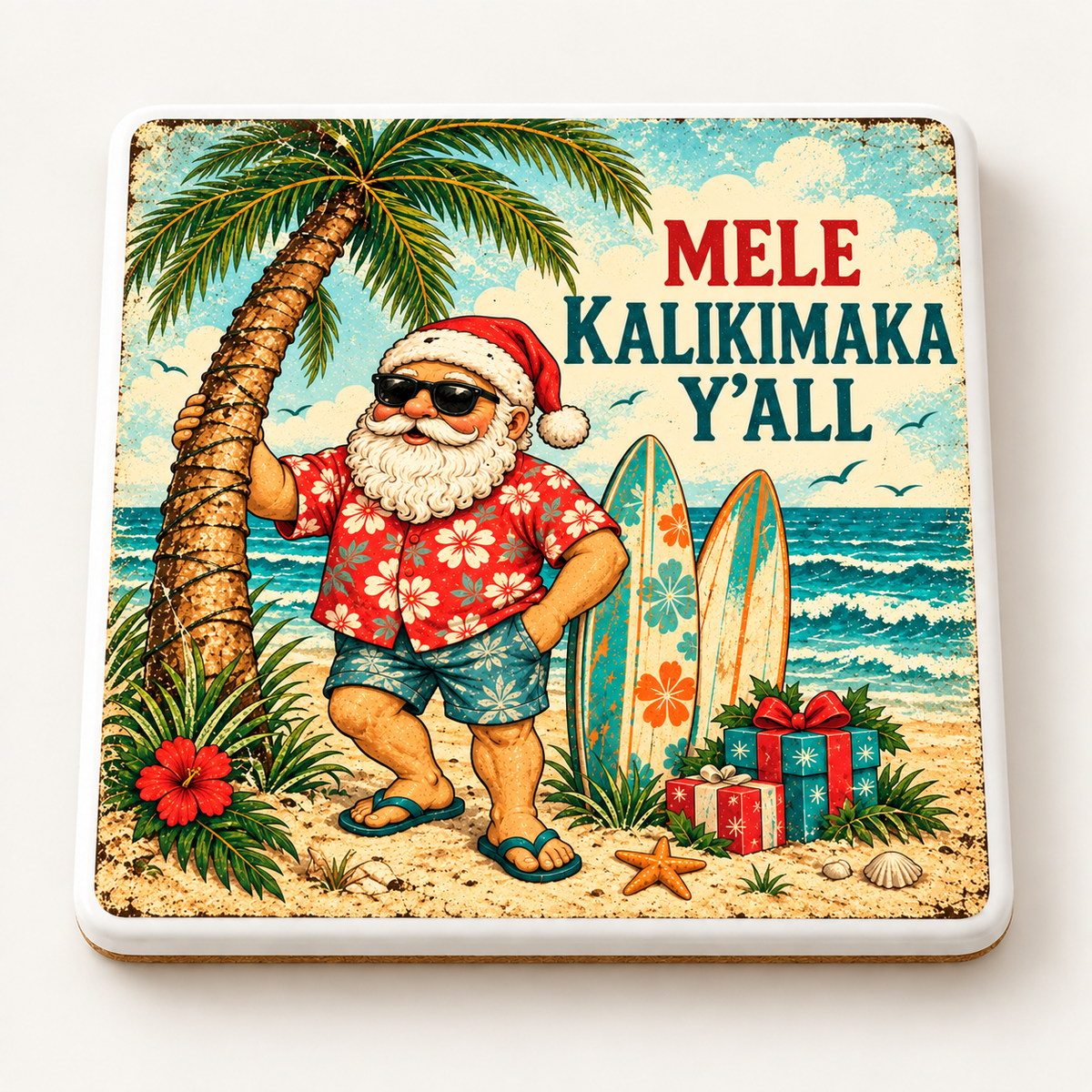 Mele Kalikimaka Y’all — ceramic coaster product mockup
