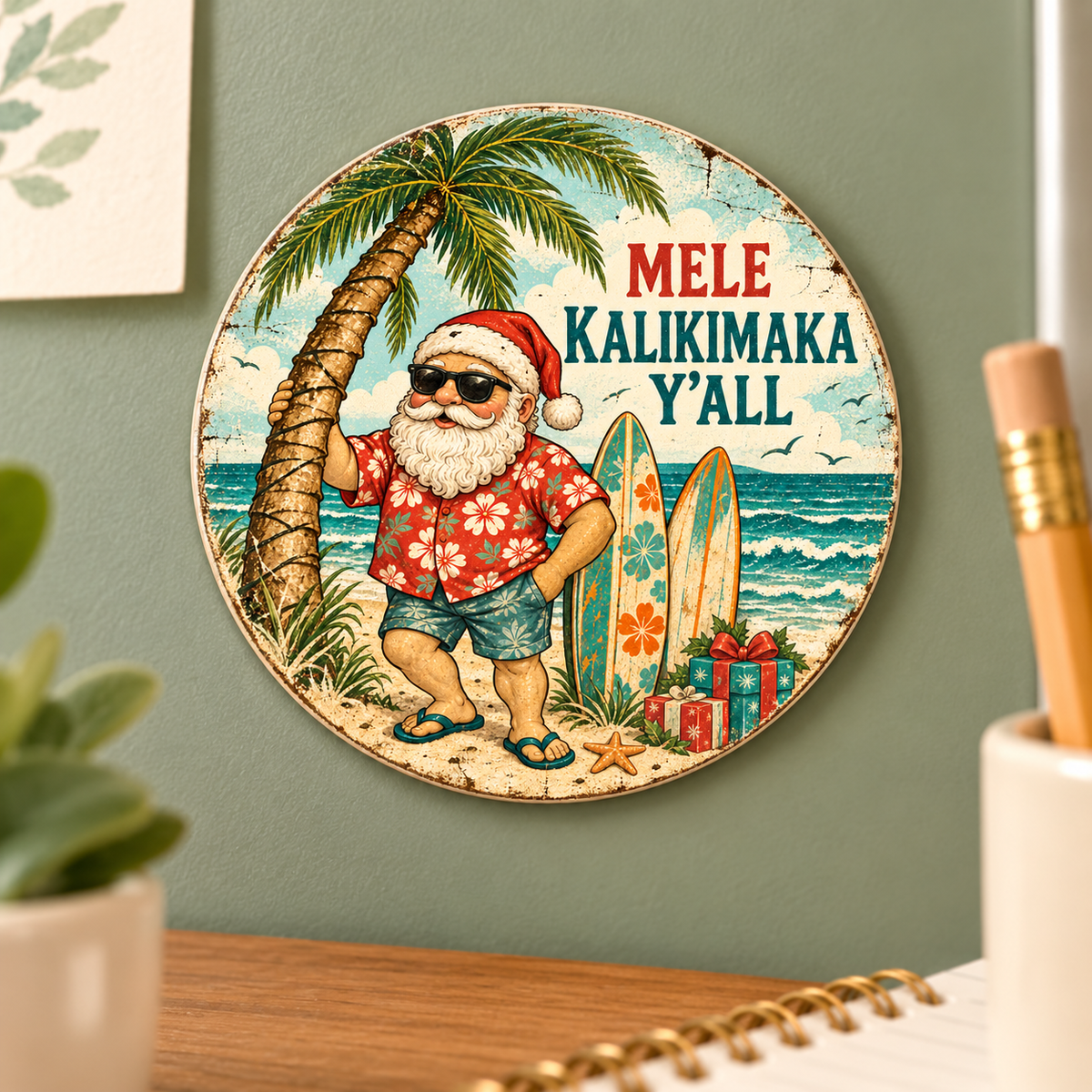 Mele Kalikimaka Y’all — 2⅝-inch round magnet styled display mockup