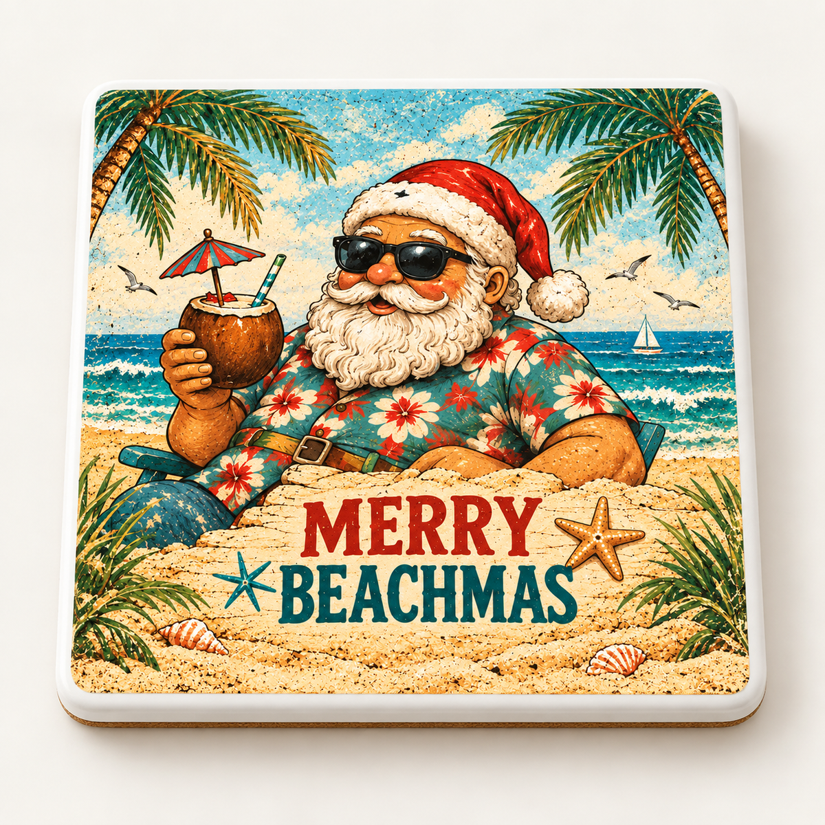Merry Beachmas — ceramic coaster product mockup