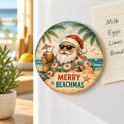 Merry Beachmas — 2⅝-inch round magnet styled display mockup