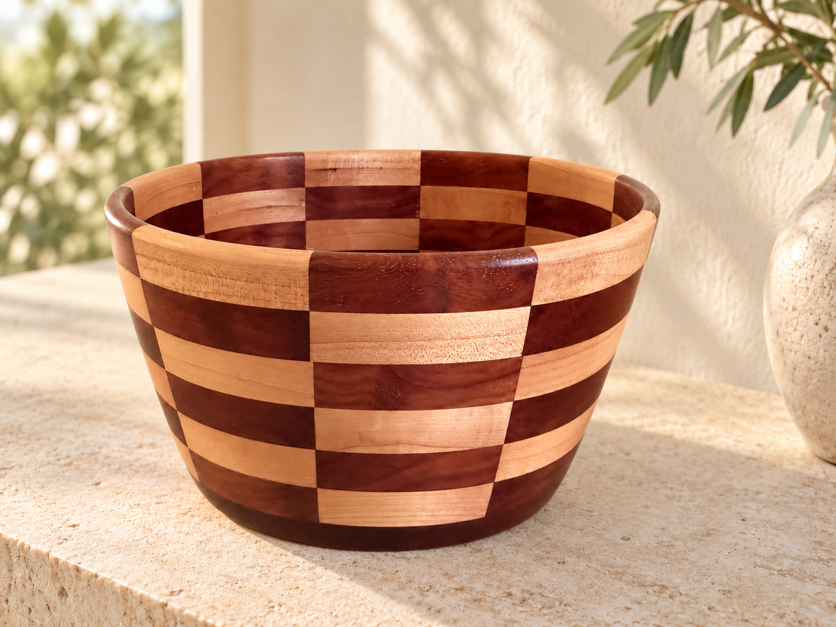 Level three-quarter view of handmade padauk and maple basket-weave bowl