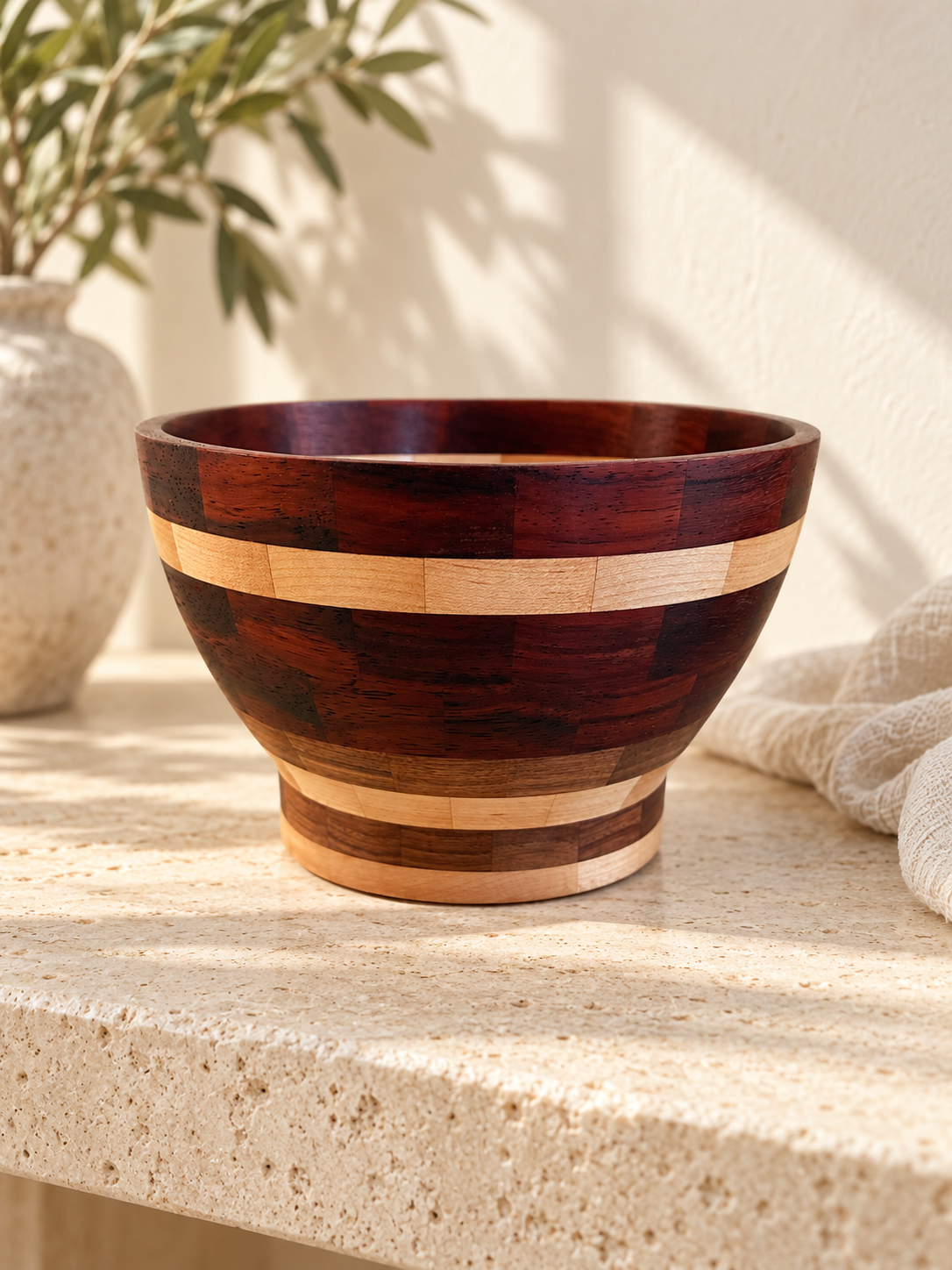 Level view of handmade padauk black walnut and maple bowl in coastal setting