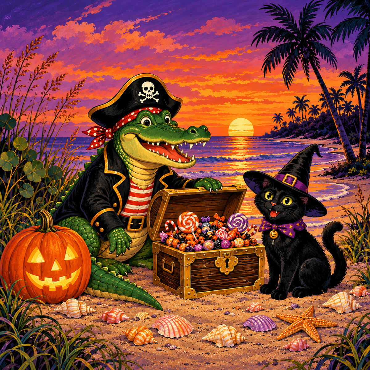 Pirate Gator & Black Cat magnet front print artwork