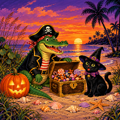 Pirate Gator & Black Cat magnet front print artwork