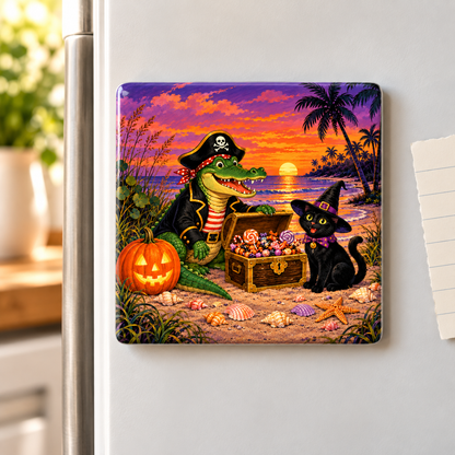 Pirate Gator & Black Cat Halloween magnet styled product photo